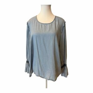 Alexander Jordan Chambray Ruffle Shoulder Smocked Bell Sleeve Blouse Blue